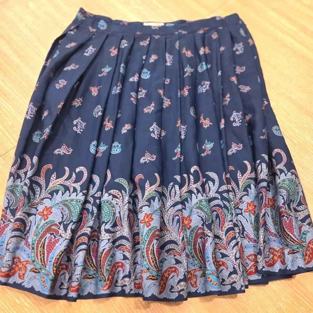 Vintage Liz Claiborne Paisley Pleated Full Midi Skirt Cottagecore Rayon Blue 12